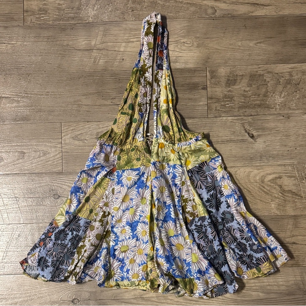 Zara Floral Circle Halter Dress in Yellow, Blue & White